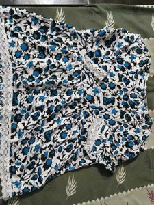 Blue Floral Lace Trimmed Top