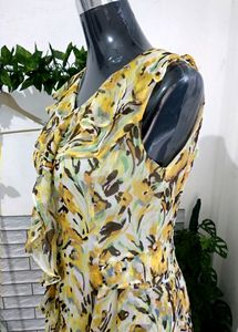 Yellow Ruffled Printed Knee Length Dress