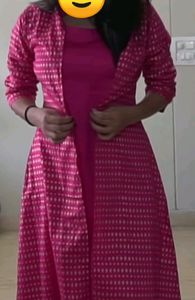 Libas women pink &amp; golden block print layered A-line kurta