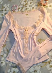 Pink Lace Trim Long Sleeve Top
