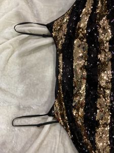 Gold Sequin Striped Knee Length Dress