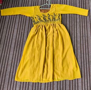 Yellow Embroidered Front Open Kurti