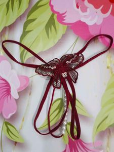 (1125)Burgundy Butterfly G-String with Pearls