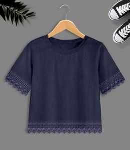 Cute Navy Blue Lace Trim Tee