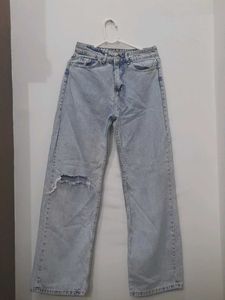 Baggy One-Side Ripped Light Blue Jeans