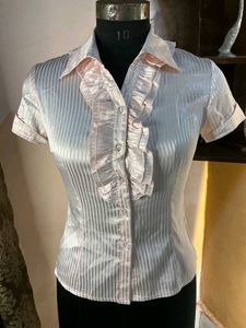 Pink Office Siren Striped Ruffle Shirt Y2k Retro