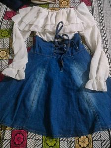 Denim Skirt & Ruffle Blouse Set