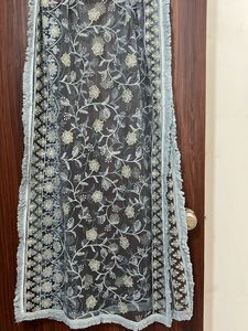 Grey Embroidered Floral Net Dupatta