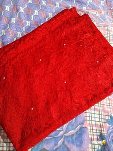 Red Floral Lace Fabric with Pearls