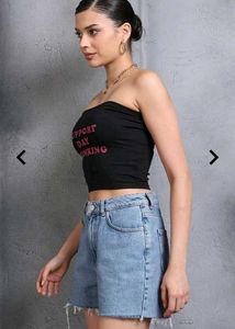 Strapless Typographic Print Short Tube Fitted Top