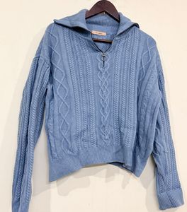 Blue Quarter Zip Knit Oversized Sweater