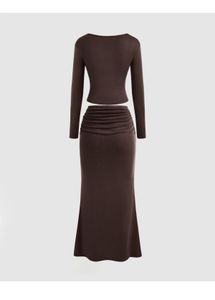 Brown Long Sleeve Dress Set
