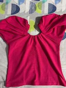 Chic Puff Sleeve Off-Shoulder Top – Bold Pink