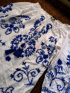 Bohemian White Cotton Top with Blue Embroidery