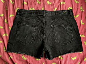 Distressed Black Denim Shorts with White Stripe
