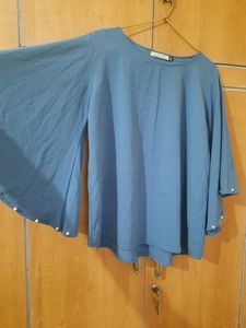 Blue Kaftan Pearl Studded Flared Sleeves Top