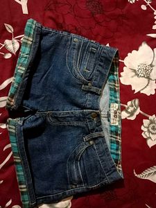 Denim Shorts with Plaid Trim