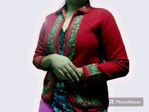 Red Sweater With Green Embroidery Work