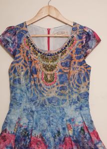 Floral Print Beaded Neckline Dress