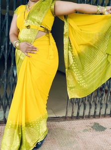 Yellow Green Dual Colour Saree With Stitch Blouse
