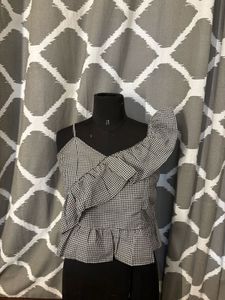 Checkered Ruffle One-Shoulder Top