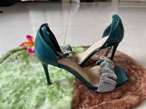 Teal Heels with Rhinestone Bow
