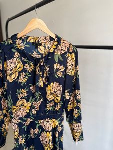 Yellow Bluish Floral Print Drop Waist Midi Dress