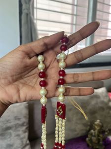 Red &amp; Pearl Beaded Necklace &amp; Earrings Set
