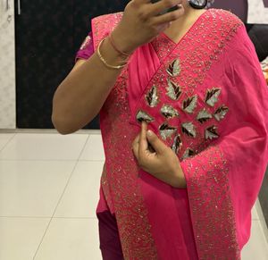 Pink and Maroon Embellished Saree