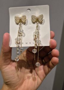 Bow Shape Pearls Tassel Earrings