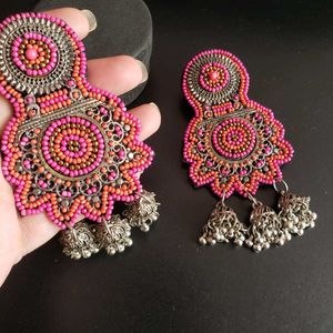 Pink Beaded Jhumka Earrings