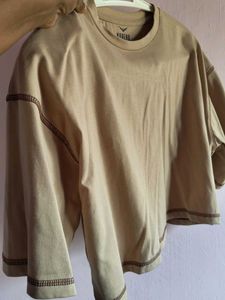 Cropped Beige Tee with Raw Hem