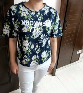 Women Blue Oversized Floral Printed Casual Top