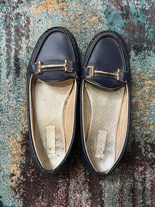 Navy Blue Loafers with Gold Detail