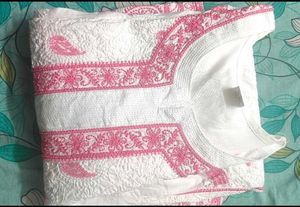White & Pink Chikenkari Cutdana Work Kurta