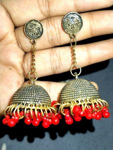 Red Beaded Jhumka Earrings