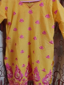 Yellow Kurti With Pink Thread Work