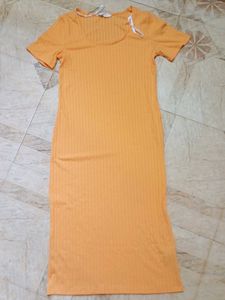 Orange Ribbed Knit Midi Dress