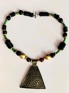 Glass And Wooden Beaded Necklace With Big Pendant