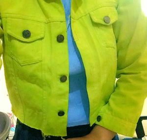 Stylish Crop Lime Green Denim Jacket For Girls
