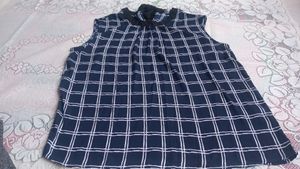 Blue Plaid Tie-Neck Top