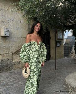 ZARA Floral Green Off Shoulder Maxi Dress pockets