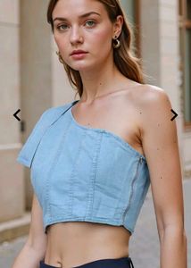 Denim One-Shoulder Crop Top
