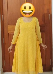M/L Size Yellow Long Sleeve Anarkali Dress with Sh