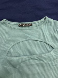 Ribbed Blue Crop Top With Neck Detail