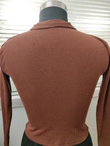 Stylish Brown Short Sleeve Collar Rib Slim Fit Top