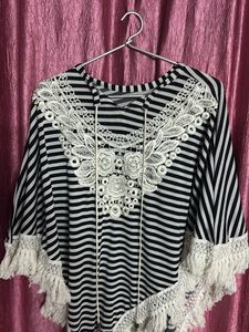 Striped Poncho with Lace Details