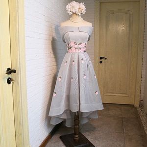 A-Line Off-Shoulder High-Low Gray Organza Prom Dre