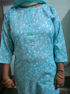 Three Piece Blue Printed Kurta Set Wth Chunni