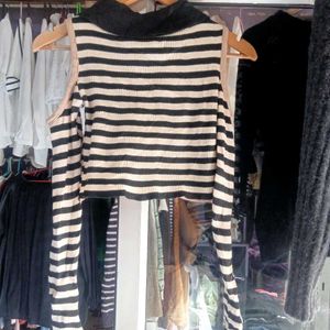 Knit Crop Top Off Shoulder Striped